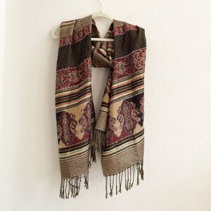 Cejon Golden Red Black Paisley Scarf Shawl‎ Wrap Fringe 72” X 26”